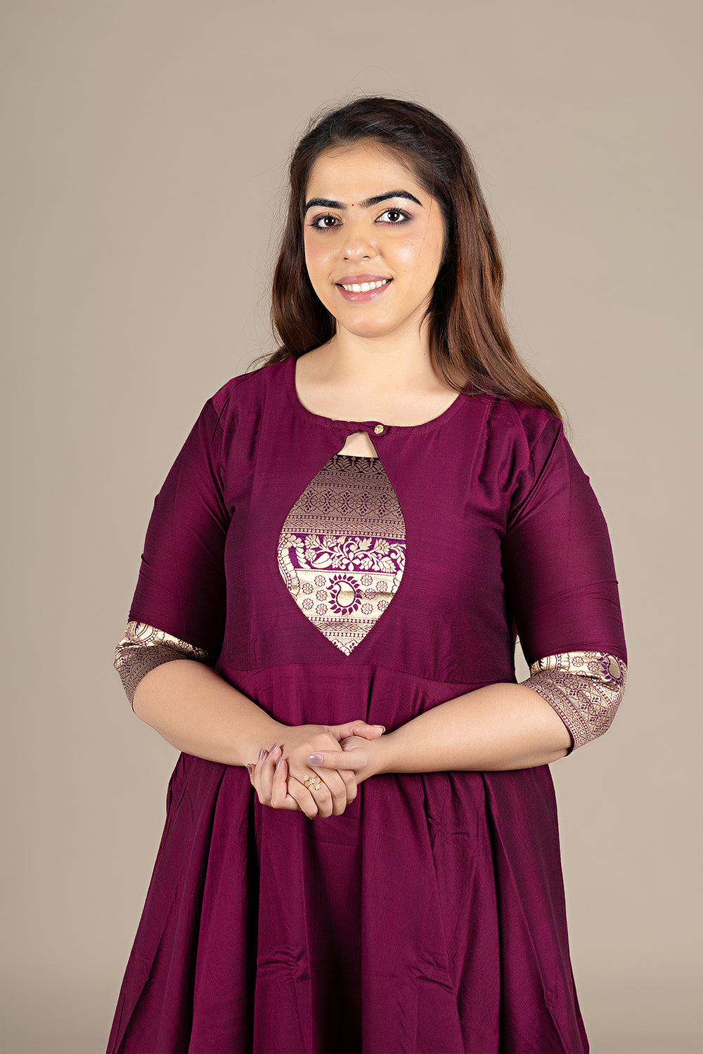 Flared Wine Kurti with Banarasi Border