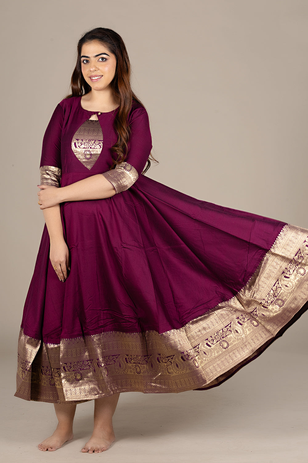 Flared Wine Kurti with Banarasi Border