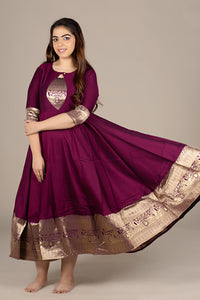 Flared Wine Kurti with Banarasi Border