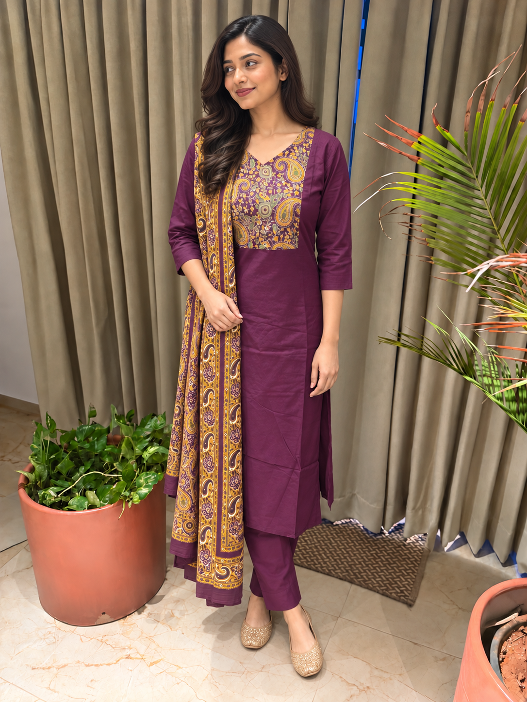 Magenta Straight Printed Neck and Dupatta Set