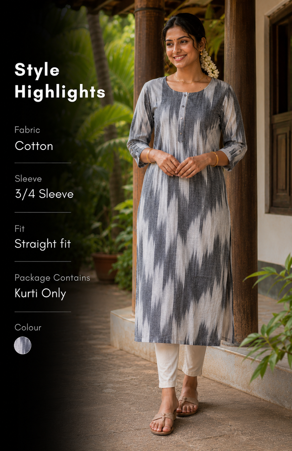 Grey Ikat Straight Kurti