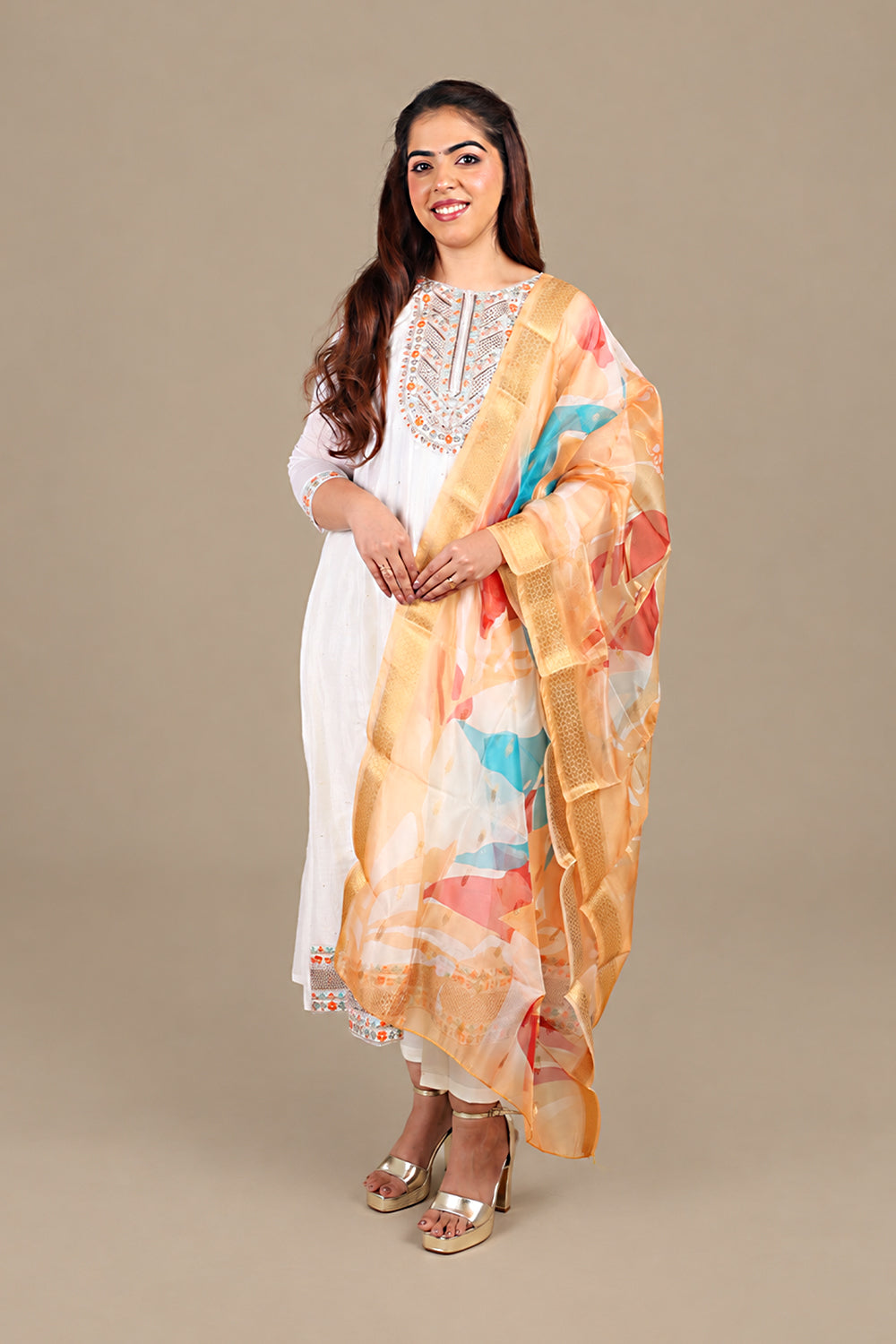 White Flared Kurta Suit with Abstract Dupatta