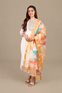 White Flared Kurta Suit with Abstract Dupatta
