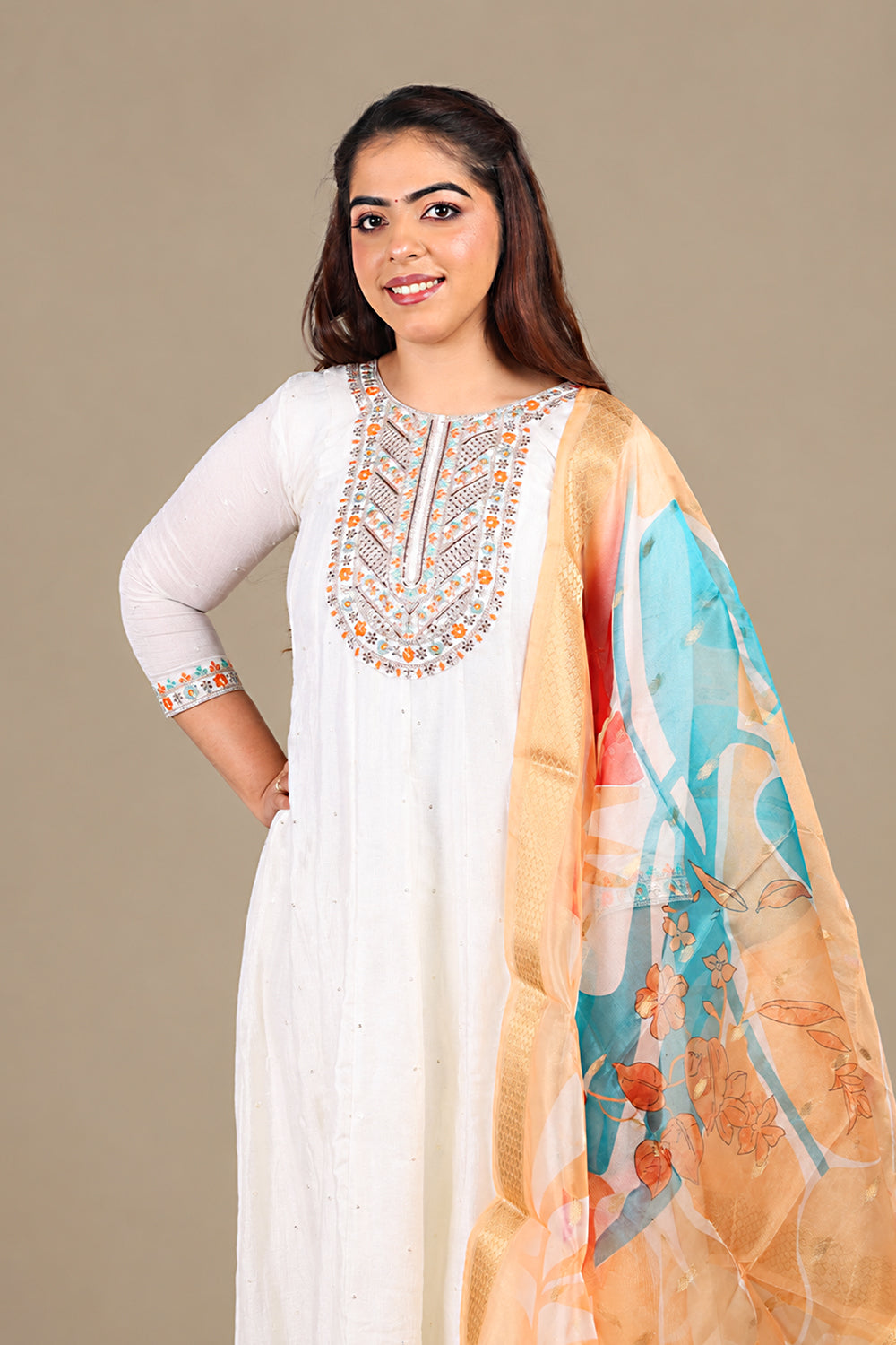White Flared Kurta Suit with Abstract Dupatta