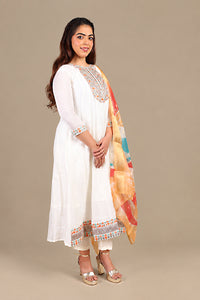 White Flared Kurta Suit with Abstract Dupatta