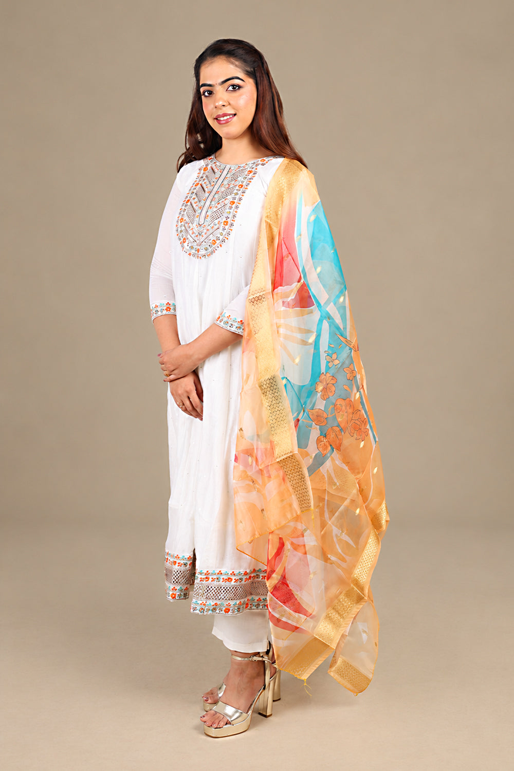 White Flared Kurta Suit with Abstract Dupatta