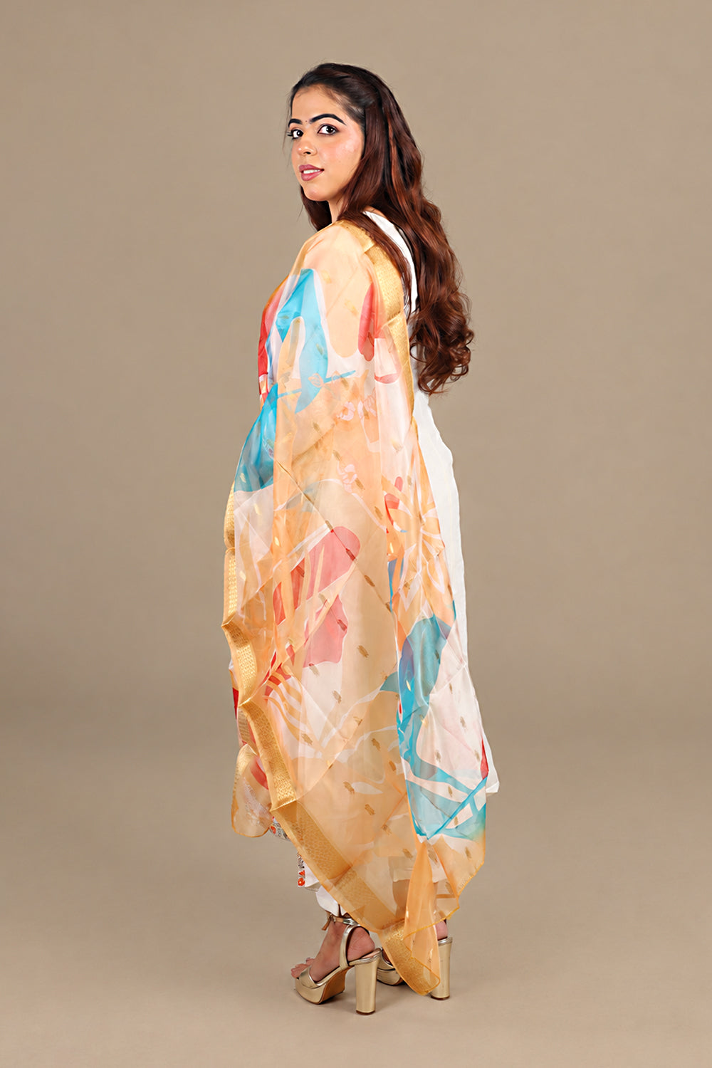White Flared Kurta Suit with Abstract Dupatta