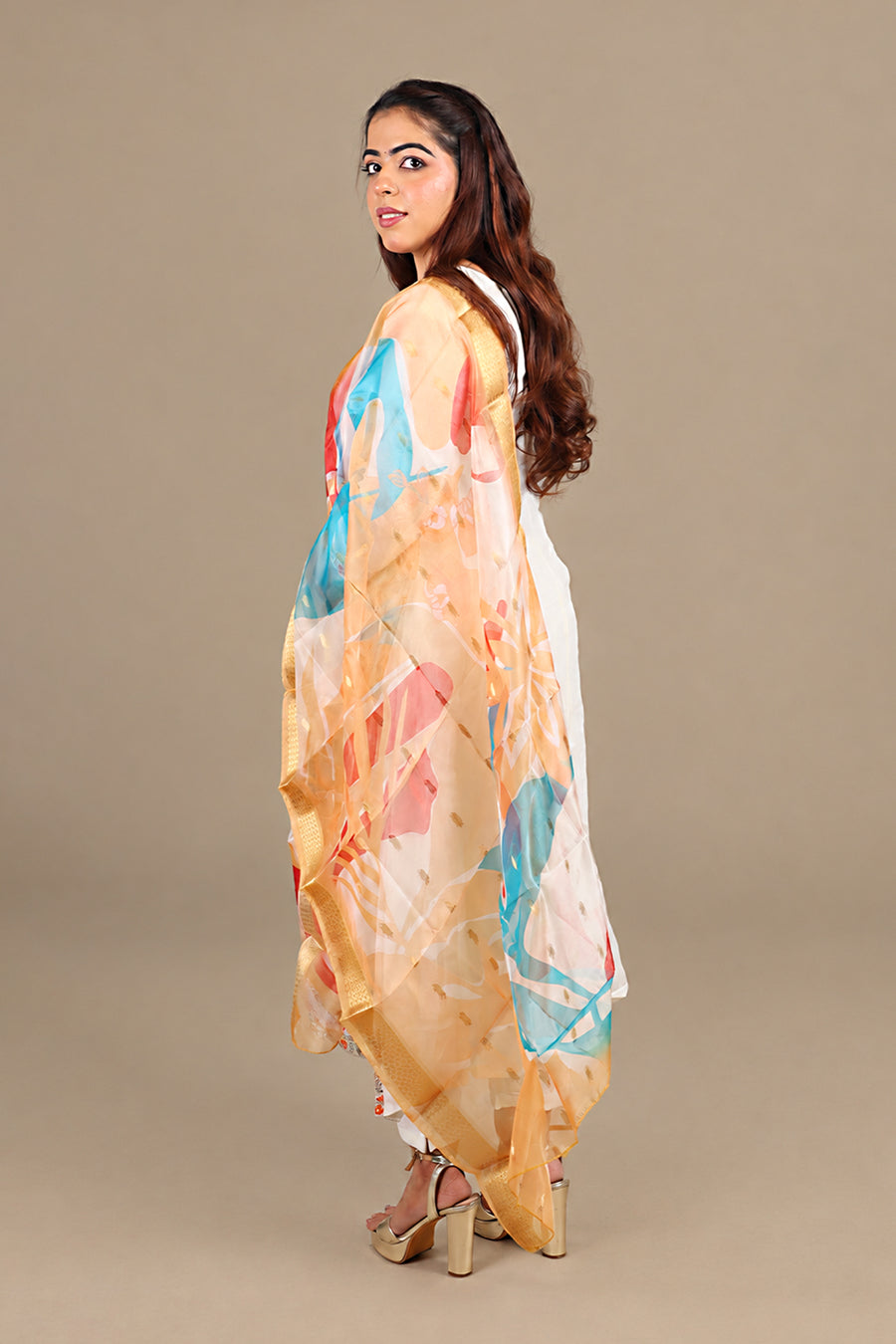 White Flared Kurta Suit with Abstract Dupatta