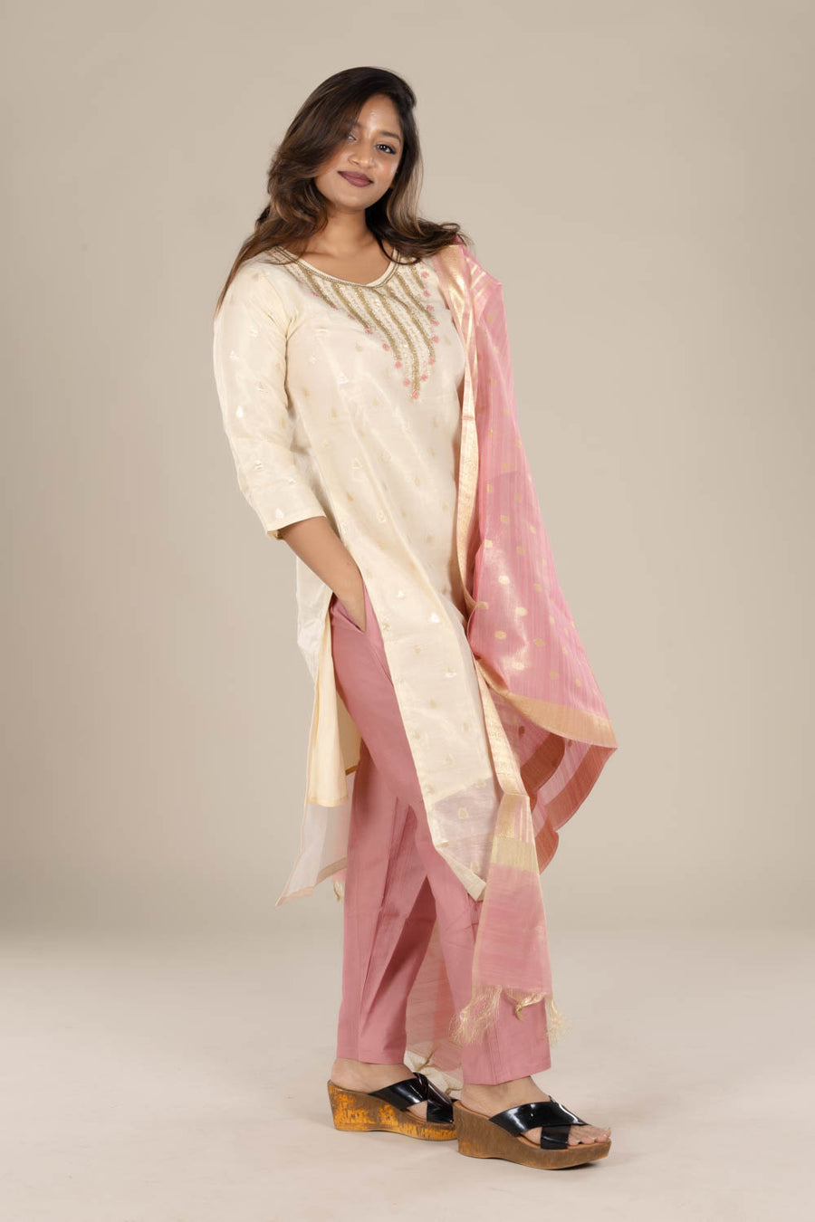 Off-White Suit with Pink Dupatta