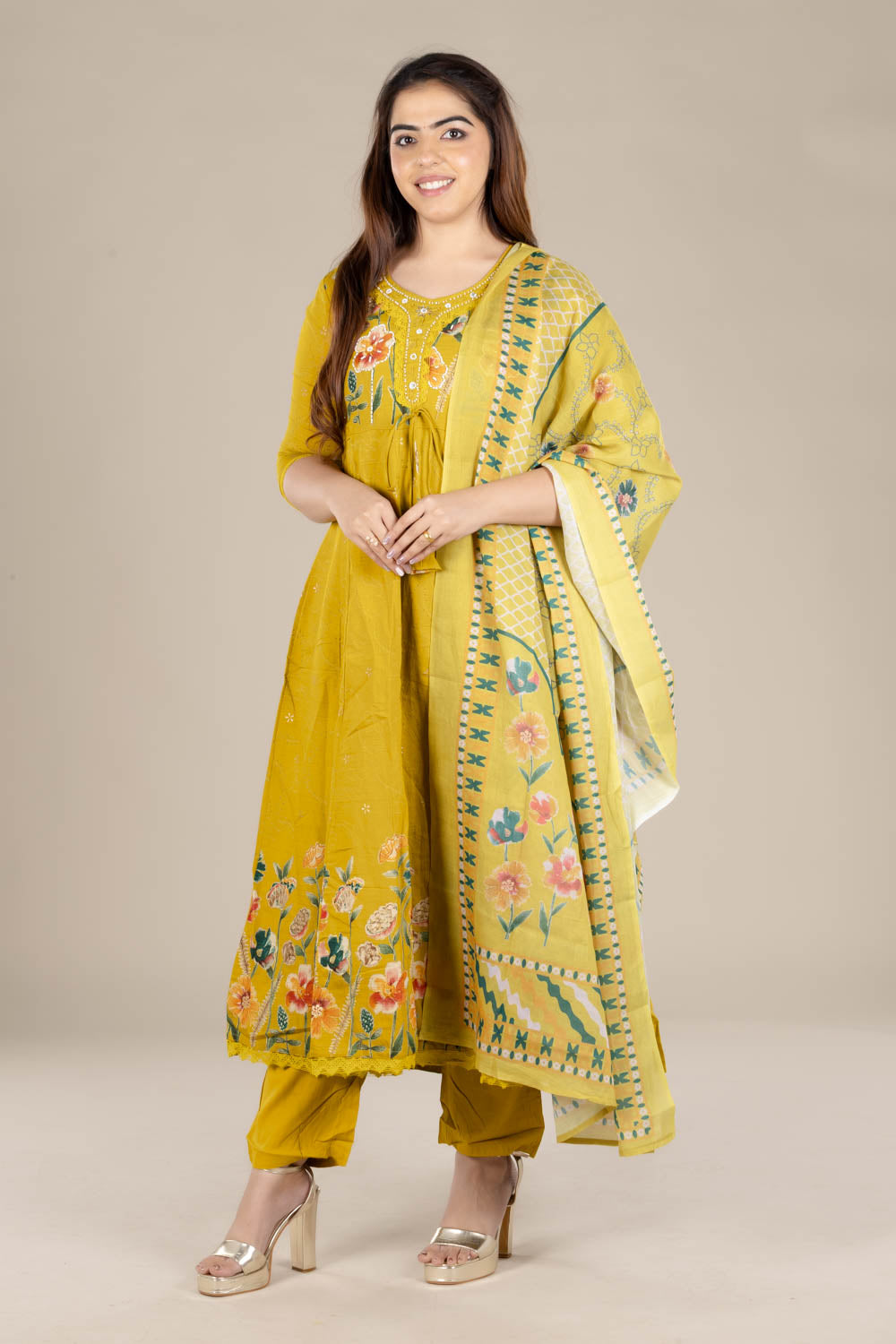 Yellow Printed Flared Suit