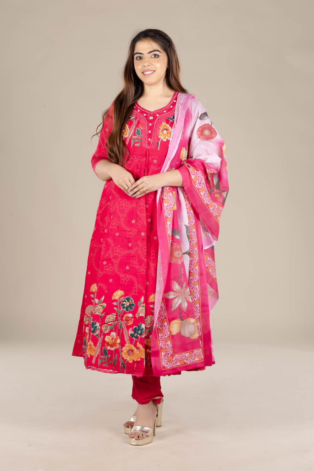 Red Flared Printed Suit