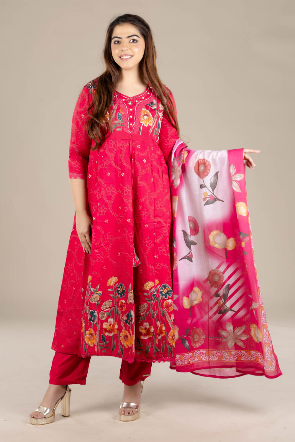 Red Flared Printed Suit