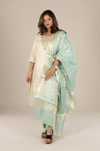 Off-White Straight Suit with Powder Blue Dupatta