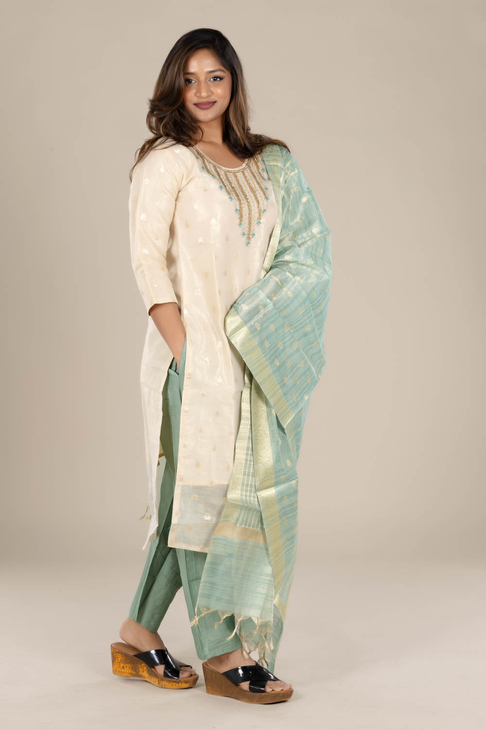 Off-White Straight Suit with Powder Blue Dupatta