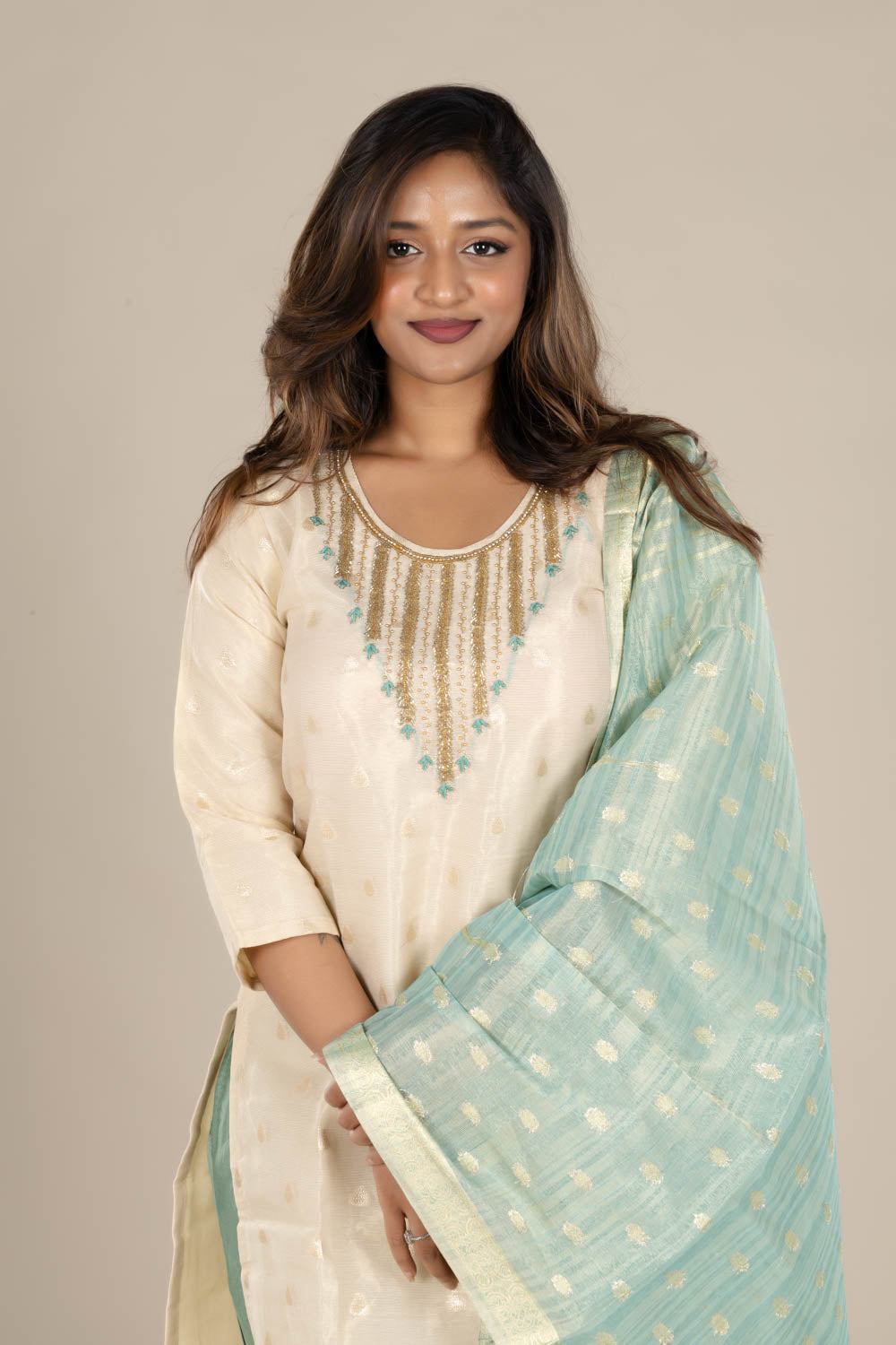 Off-White Straight Suit with Powder Blue Dupatta
