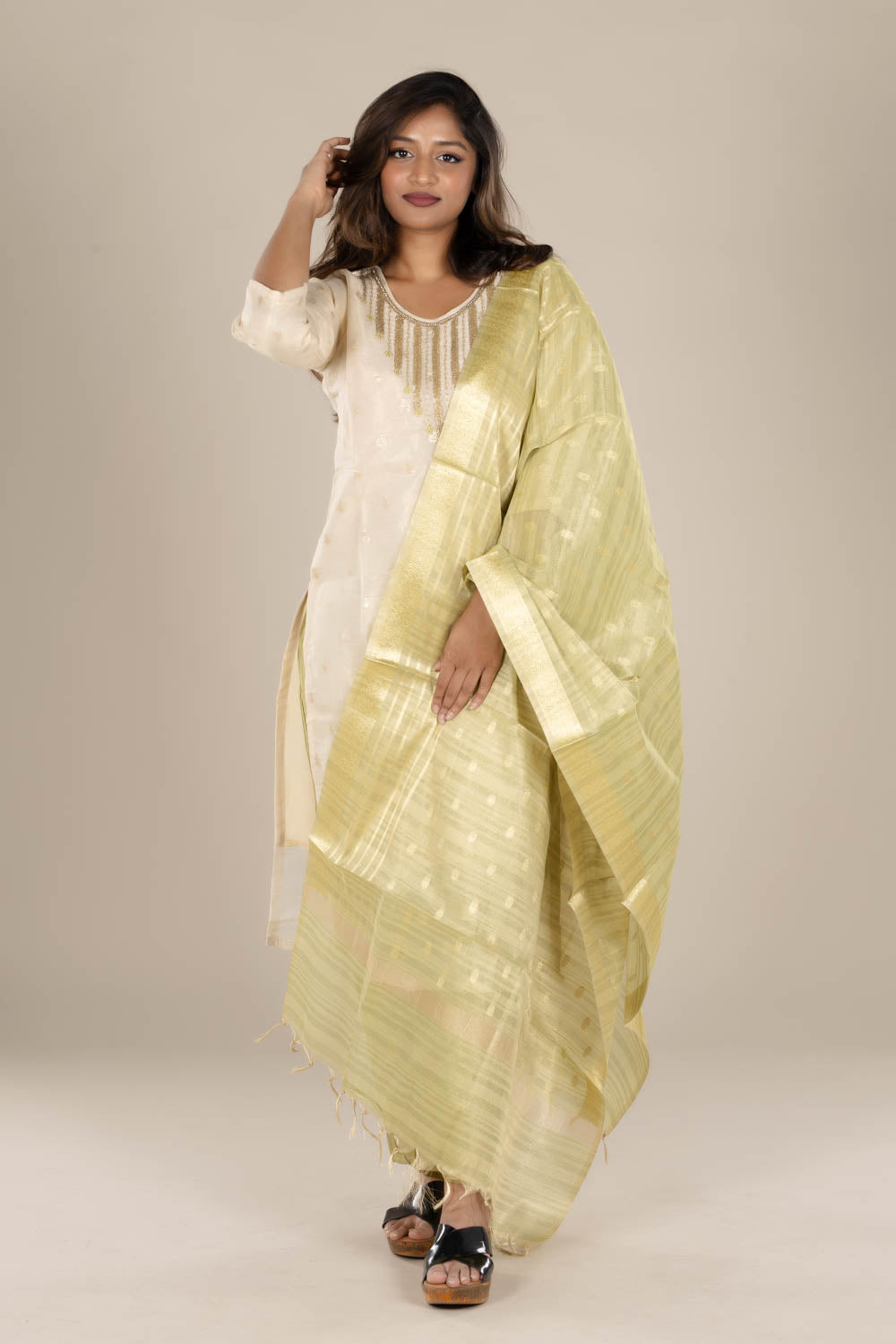 Off-White Designer Straight Suit with Green Dupatta