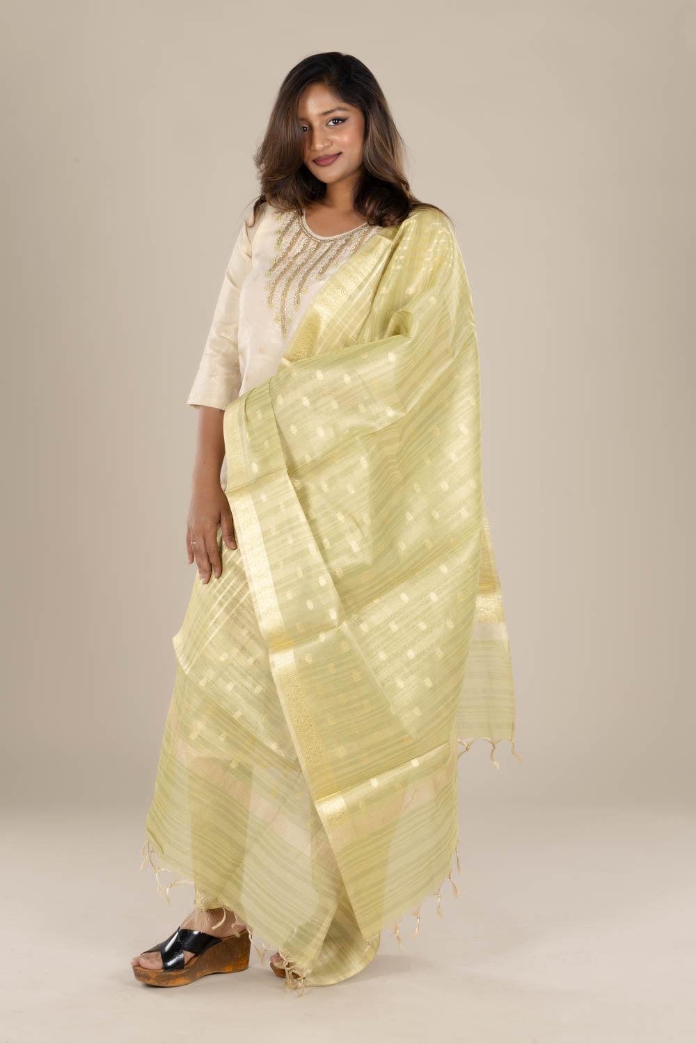 Off-White Designer Straight Suit with Green Dupatta