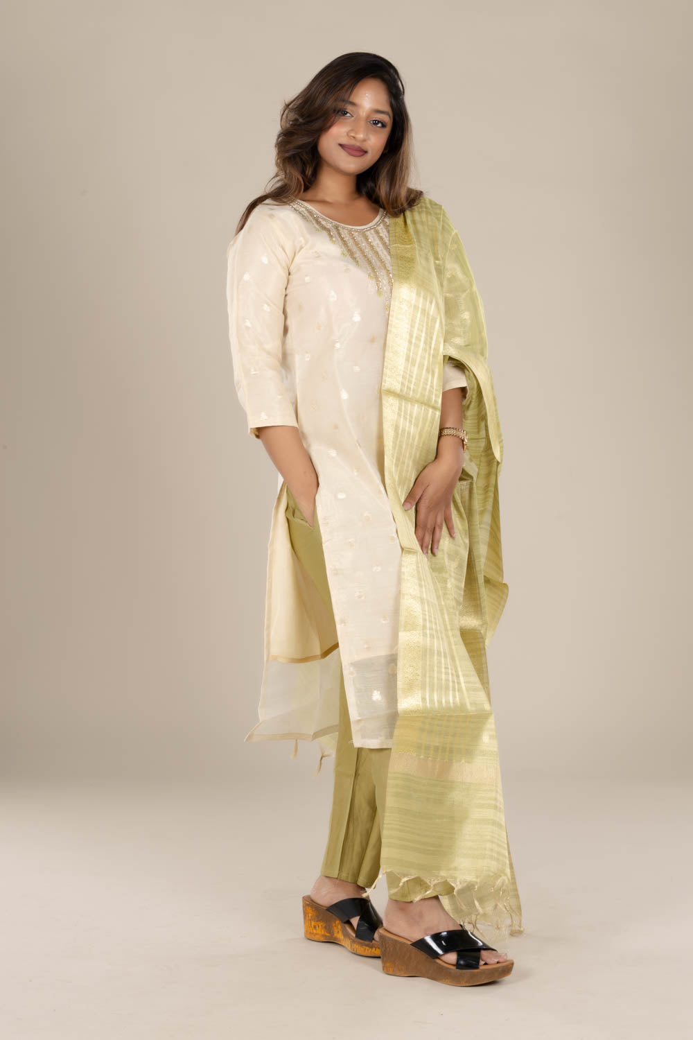 Off-White Designer Straight Suit with Green Dupatta