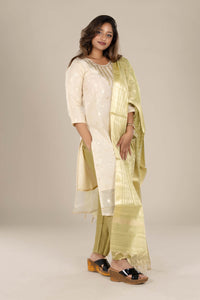 Off-White Designer Straight Suit with Green Dupatta