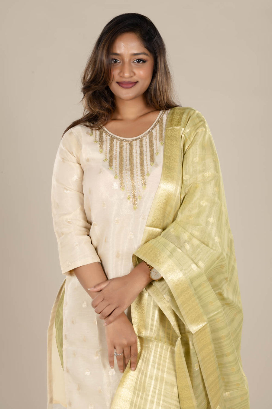 Off-White Designer Straight Suit with Green Dupatta