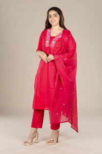 Red Embroidered Straight Suit