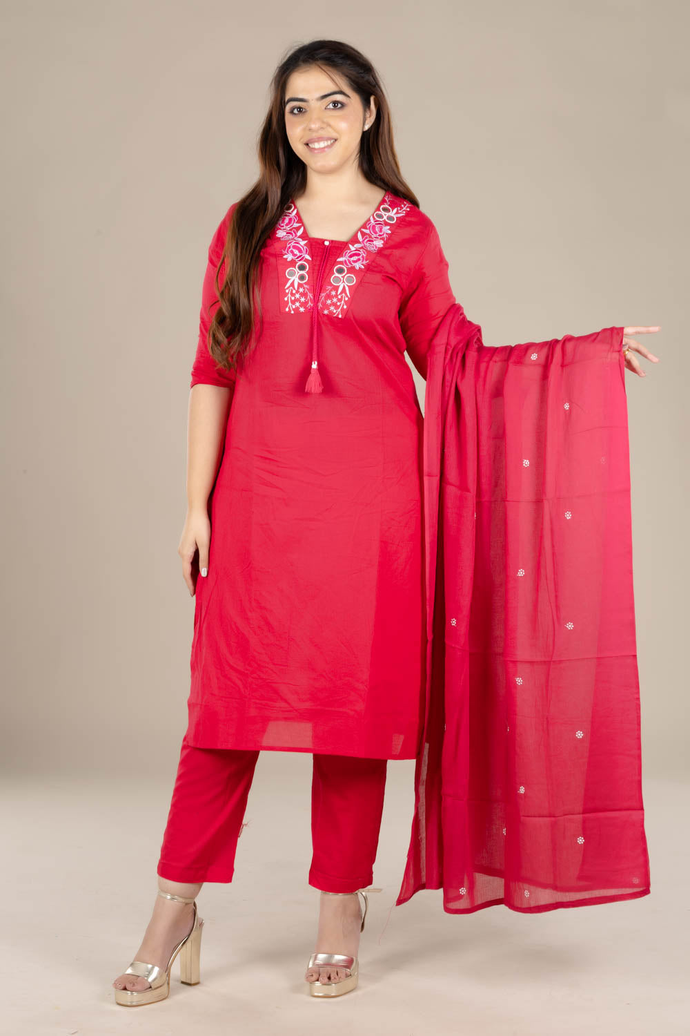 Red Embroidered Straight Suit