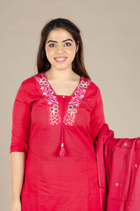 Red Embroidered Straight Suit