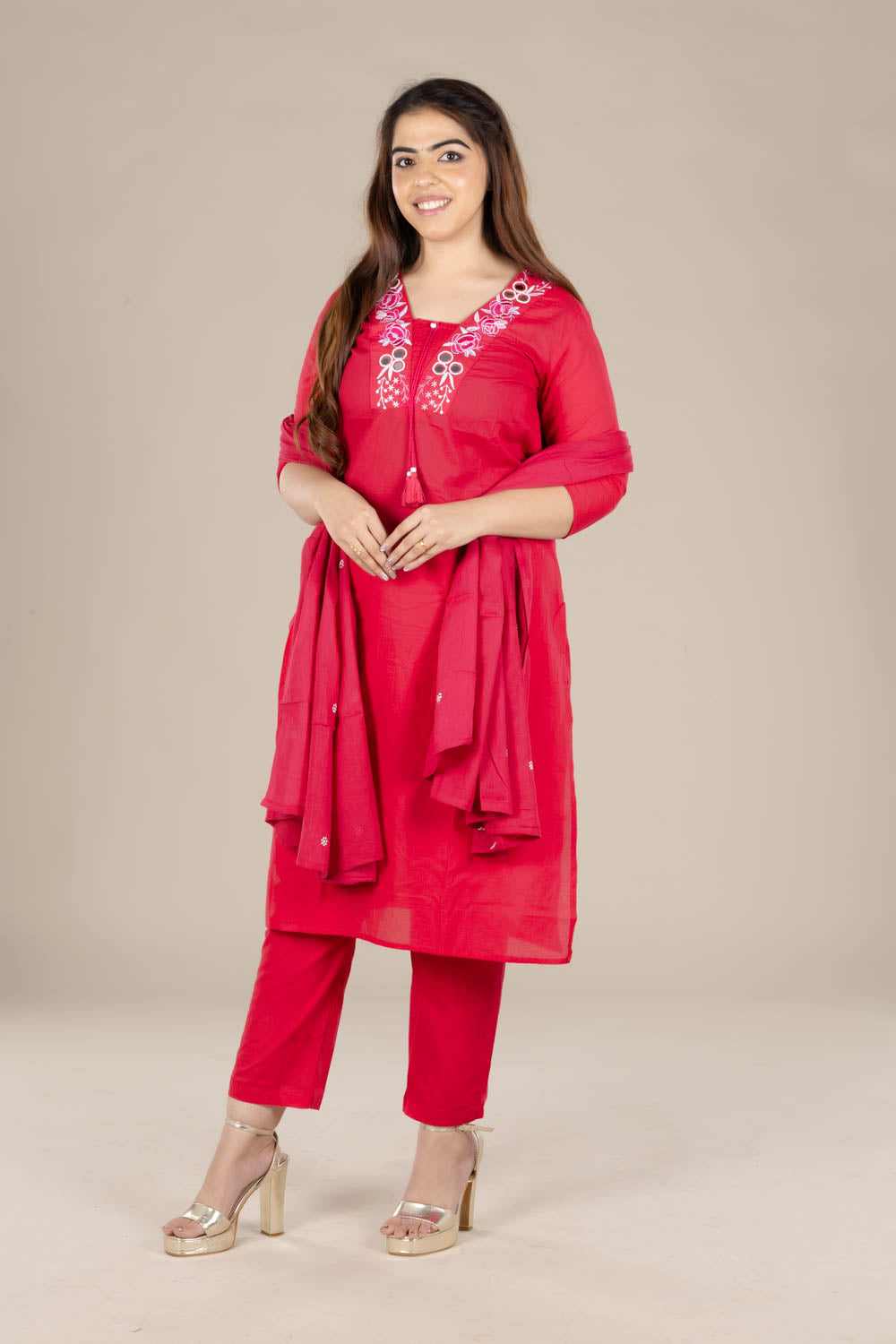 Red Embroidered Straight Suit
