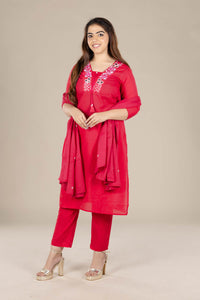 Red Embroidered Straight Suit
