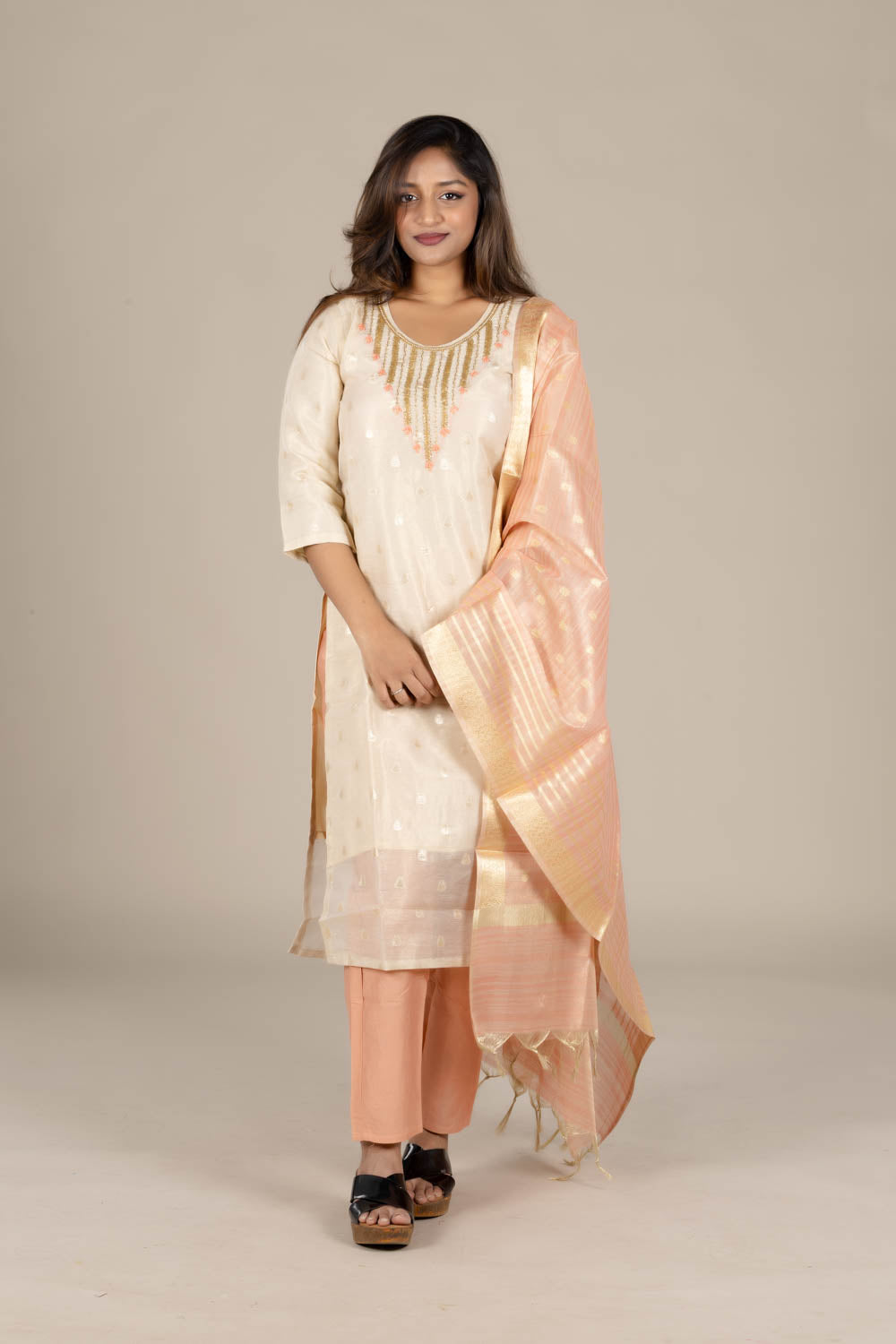 Off-White Round Neck Straight Suit with Organza Dupatta