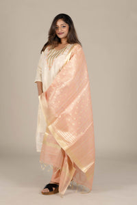 Off-White Round Neck Straight Suit with Organza Dupatta