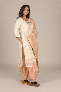 Off-White Round Neck Straight Suit with Organza Dupatta