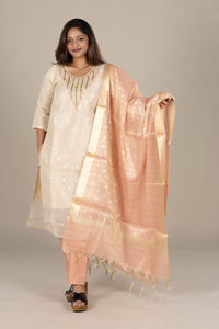 Off-White Round Neck Straight Suit with Organza Dupatta