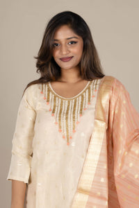 Off-White Round Neck Straight Suit with Organza Dupatta