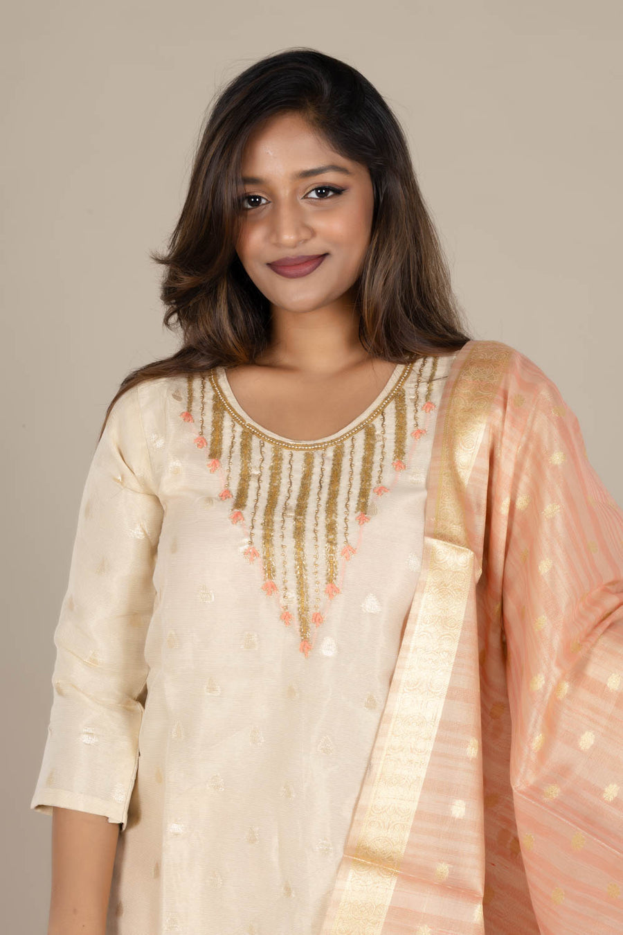 Off-White Round Neck Straight Suit with Organza Dupatta