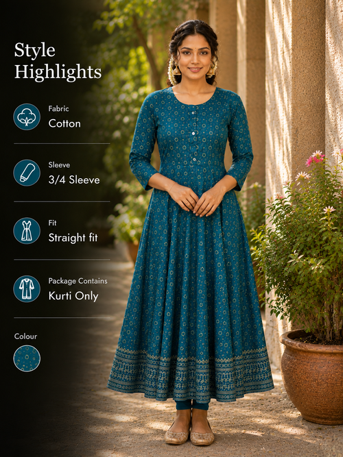 Bindoo Kali Cotton Kurti - Deep Teal