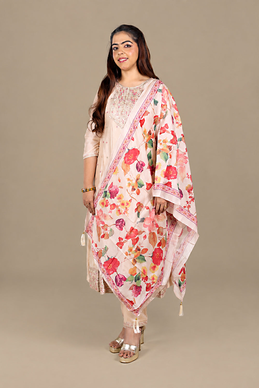 Peach Flared Straight Suit with Floral Dupatta