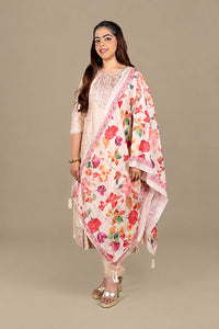 Peach Flared Straight Suit with Floral Dupatta