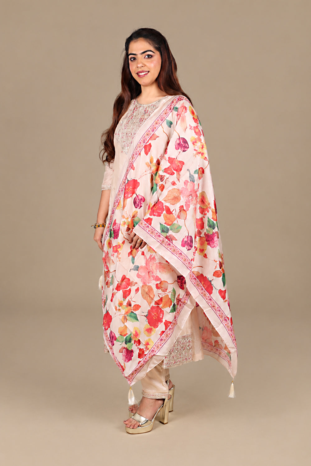 Peach Flared Straight Suit with Floral Dupatta