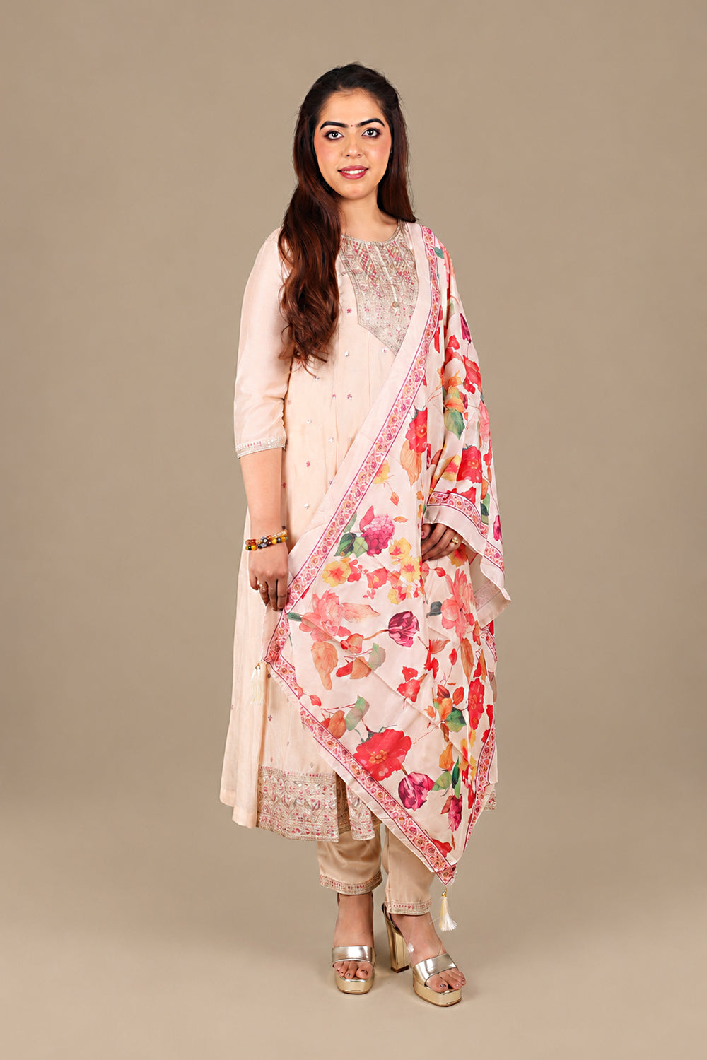 Peach Flared Straight Suit with Floral Dupatta