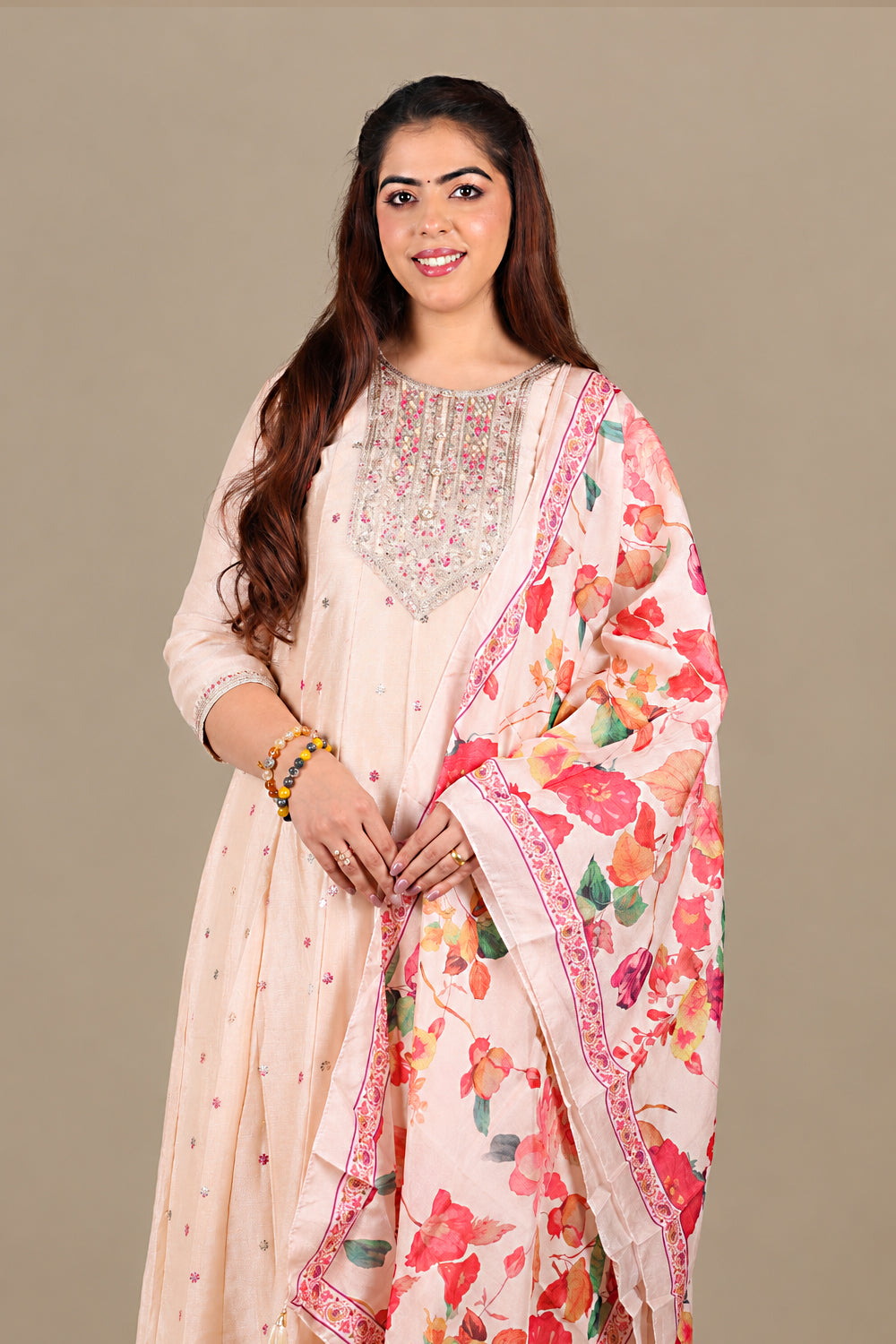 Peach Flared Straight Suit with Floral Dupatta
