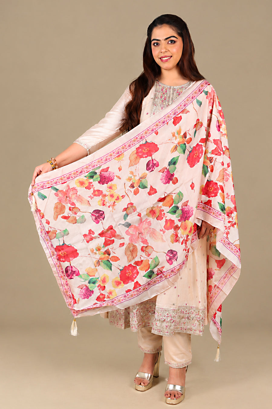 Peach Flared Straight Suit with Floral Dupatta