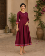Flared Cotton Kurti - Maroon