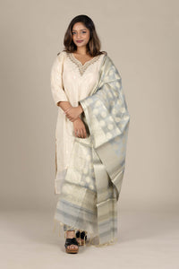 Off-White Straight Suit with Grey Dupatta