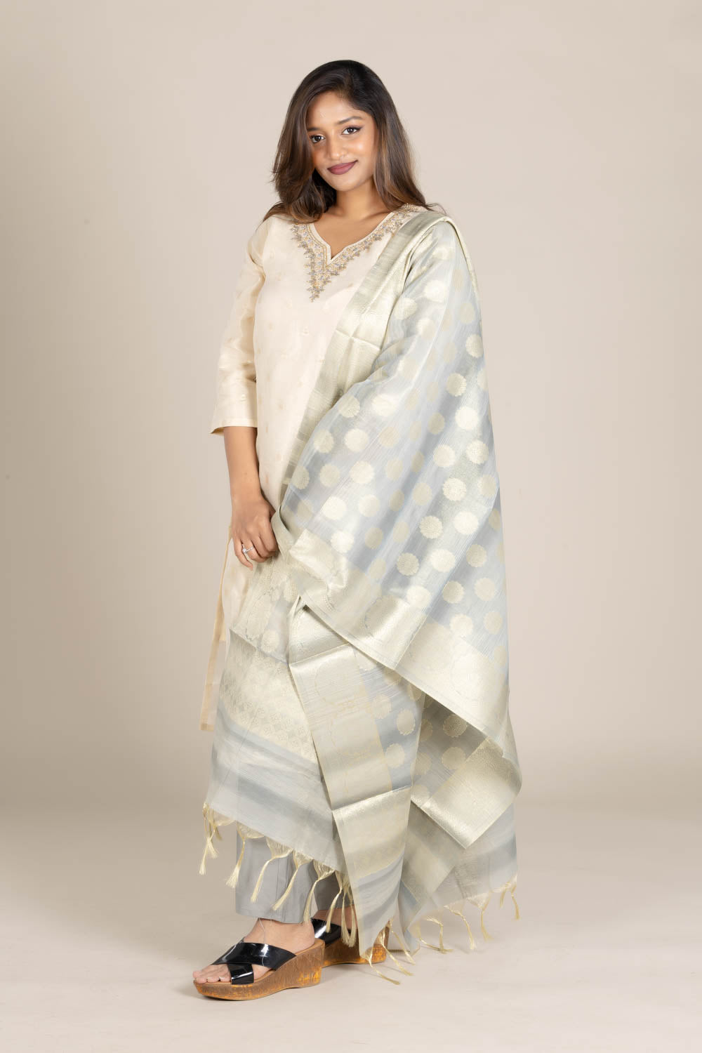 Off-White Straight Suit with Grey Dupatta