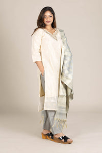 Off-White Straight Suit with Grey Dupatta