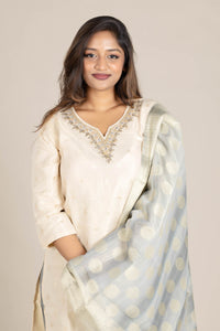 Off-White Straight Suit with Grey Dupatta