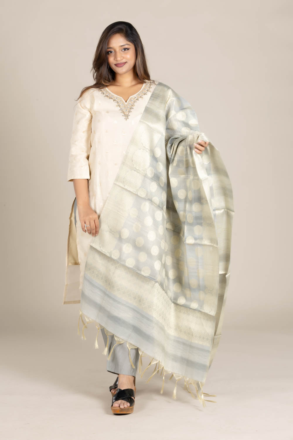 Off-White Straight Suit with Grey Dupatta