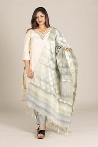 Off-White Straight Suit with Grey Dupatta