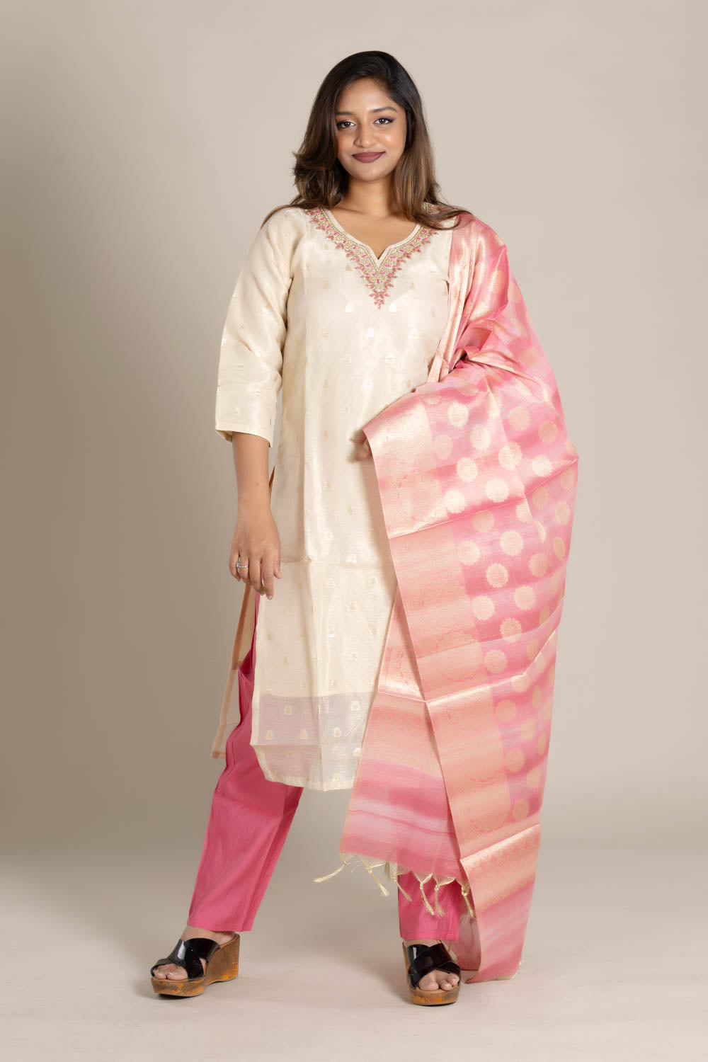 Off-White Straight Suit with Pink Dupatta